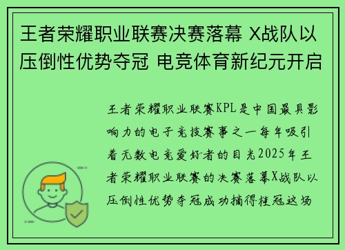 王者荣耀职业联赛决赛落幕 X战队以压倒性优势夺冠 电竞体育新纪元开启
